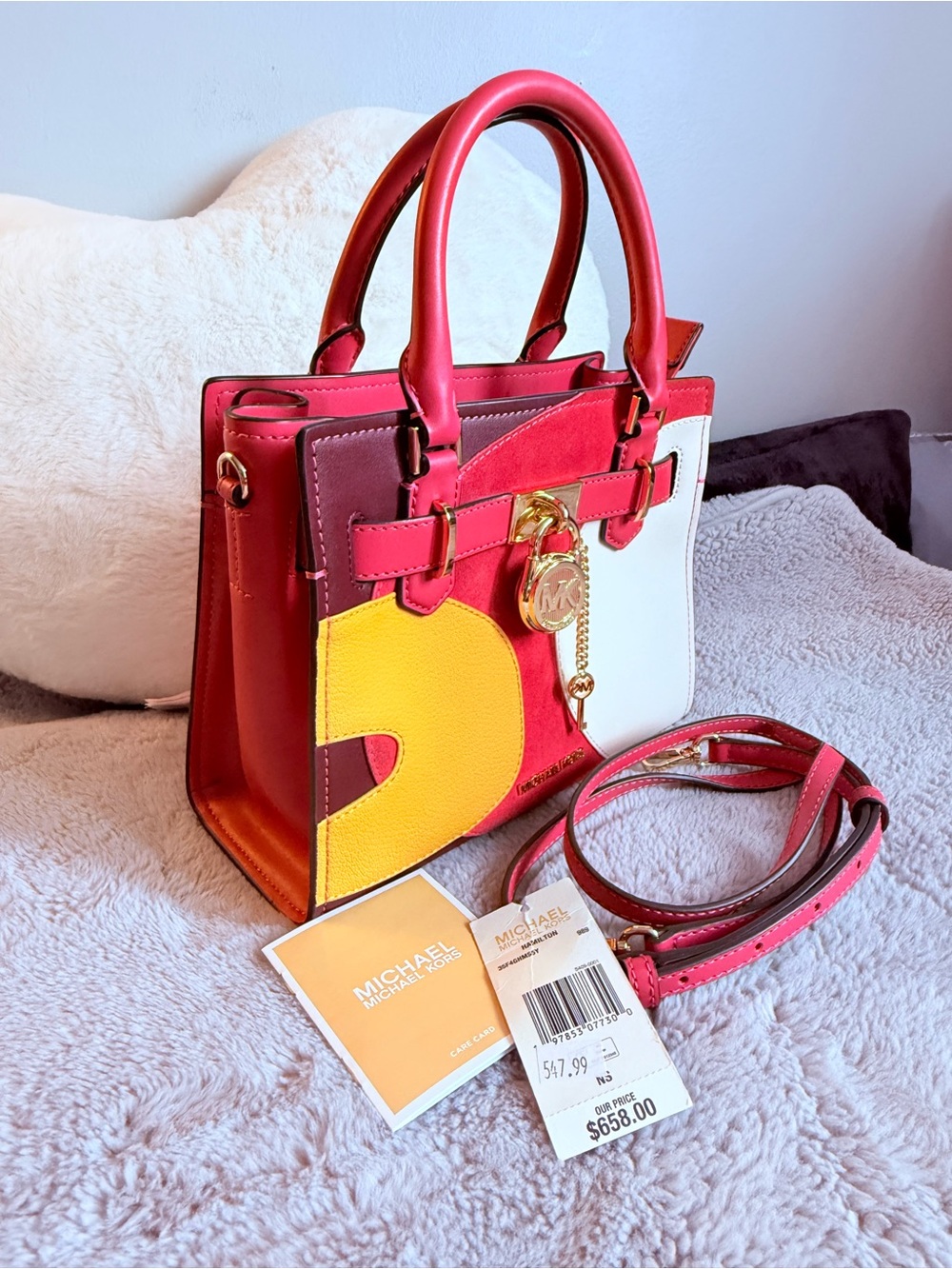 Michael Kors Colorblock Mini Satchel in Pink, Yellow, White & Brown